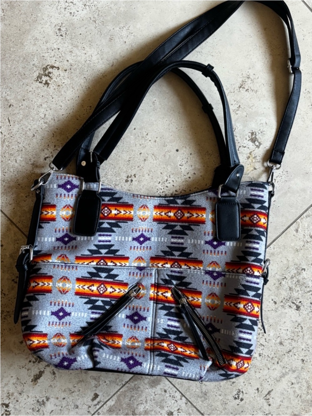 Aztec Southwestern Print Tote Bag Gray Multi Dual Strap Zip Pocket Handbag